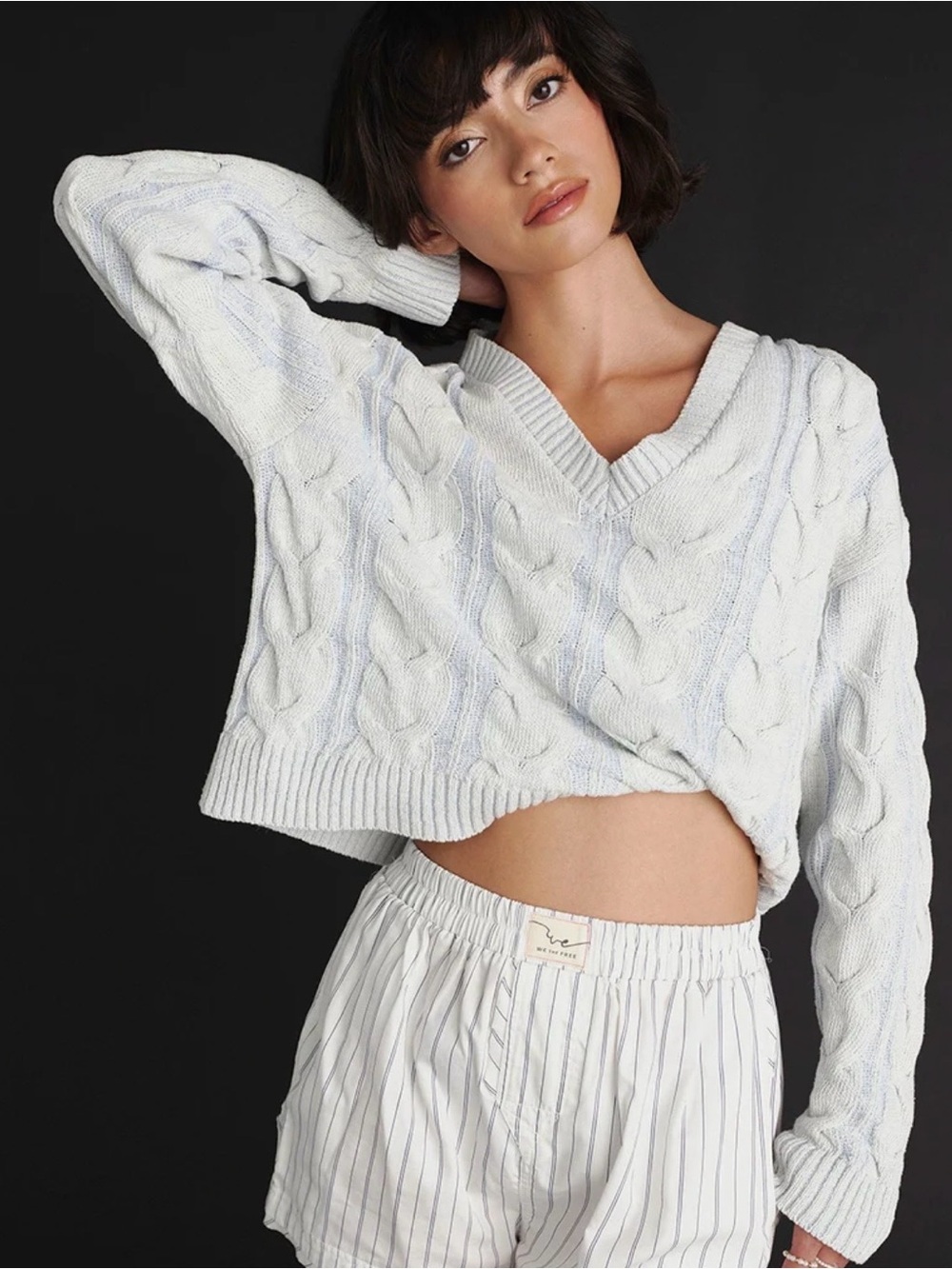 Free People Washed Cable Knit V-Neck Sweater